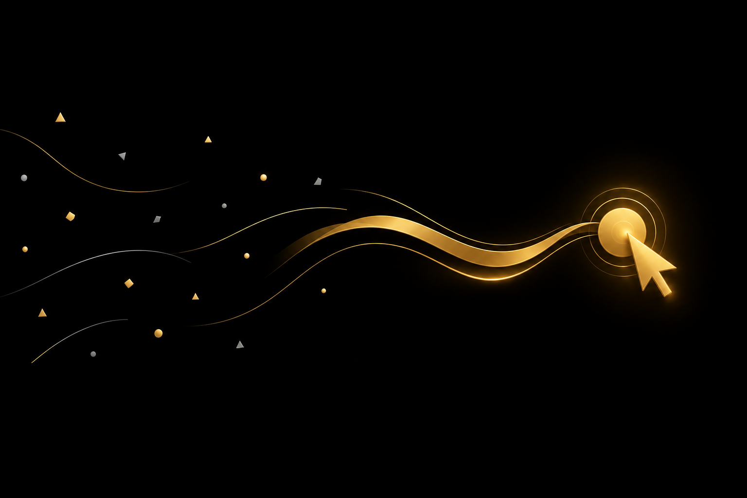 Abstrakte Illustration: verstreute Splitter auf schwarzem Grund fließen als goldene Bänder zu einem goldenen Mauszeiger, der auf einen leuchtenden Knopf klickt, Symbolbild für die Klickrate