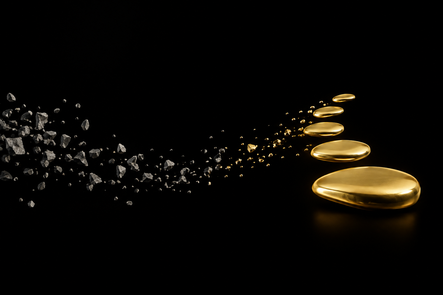 Abstrakte Illustration: graue Splitter auf schwarzem Grund werden zu fünf goldenen Trittsteinen, die ansteigen, Symbolbild für die Customer Journey