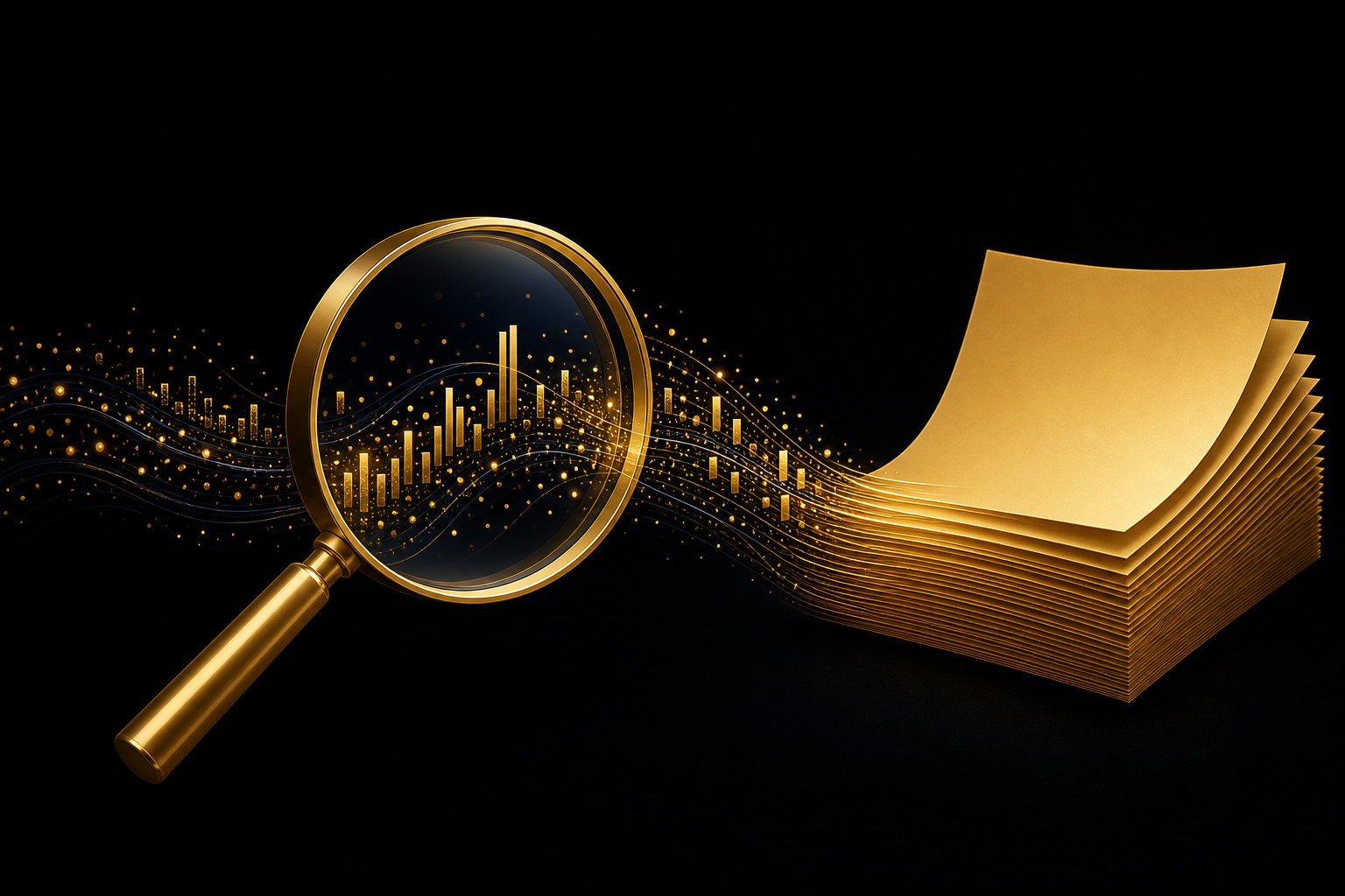 Abstrakte Illustration: eine goldene Lupe über einem Strom aus goldenen Datenpunkten, der rechts zu einem Stapel goldener Blätter wird, Symbolbild für Blogartikel aus Suchdaten