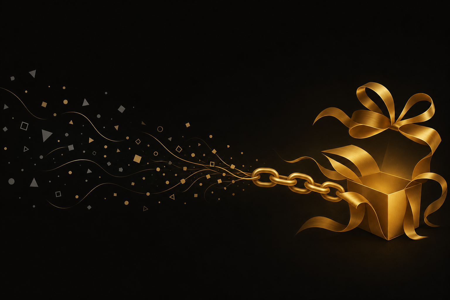 Abstrakte Illustration: verstreute graue Splitter auf schwarzem Grund fließen zu einer goldenen Kette aus verbundenen Gliedern, die zu einer geöffneten Geschenkbox führt, Symbolbild für Partnerlinks