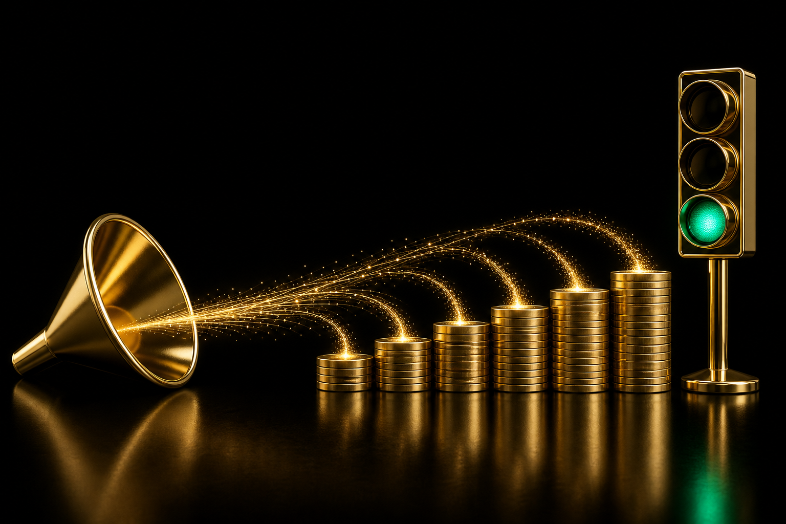 Abstrakte Illustration: goldener Trichter, aus dem ein Lichtstrom auf sechs immer höhere Münzstapel fließt, daneben eine Ampel mit grünem Licht