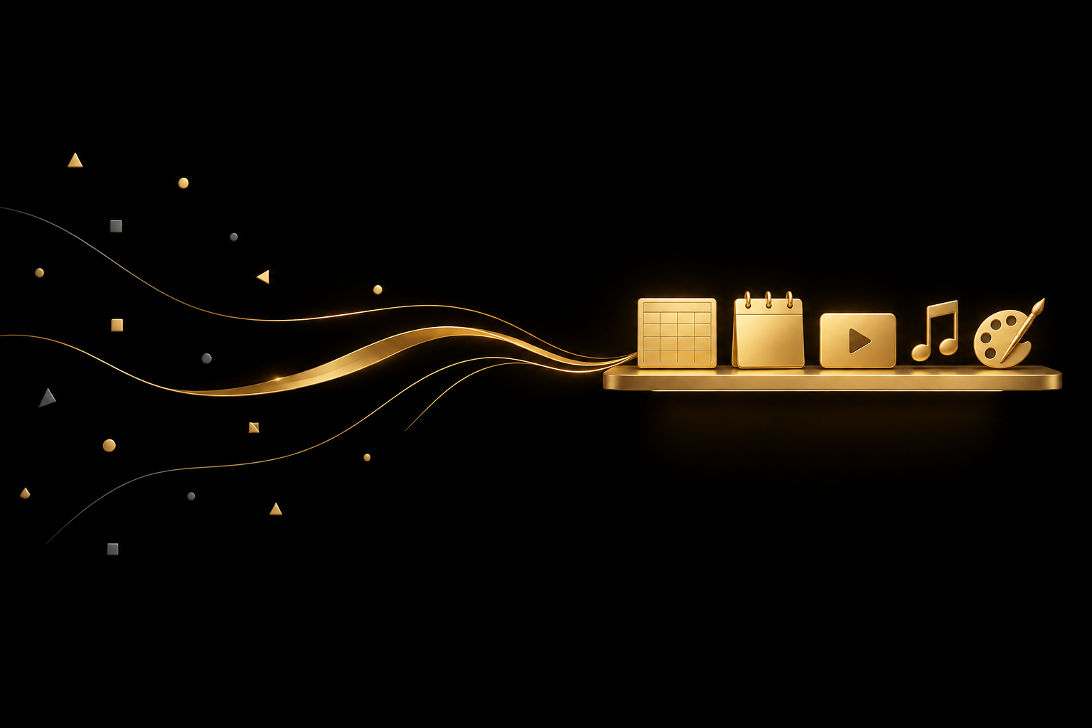 Abstrakte Illustration: verstreute Splitter auf schwarzem Grund fließen als goldene Bänder zu einem goldenen Regal mit Tabelle, Kalenderblatt, Video-Symbol, Musiknote und Farbpalette, Symbolbild für Ideen für digitale Produkte