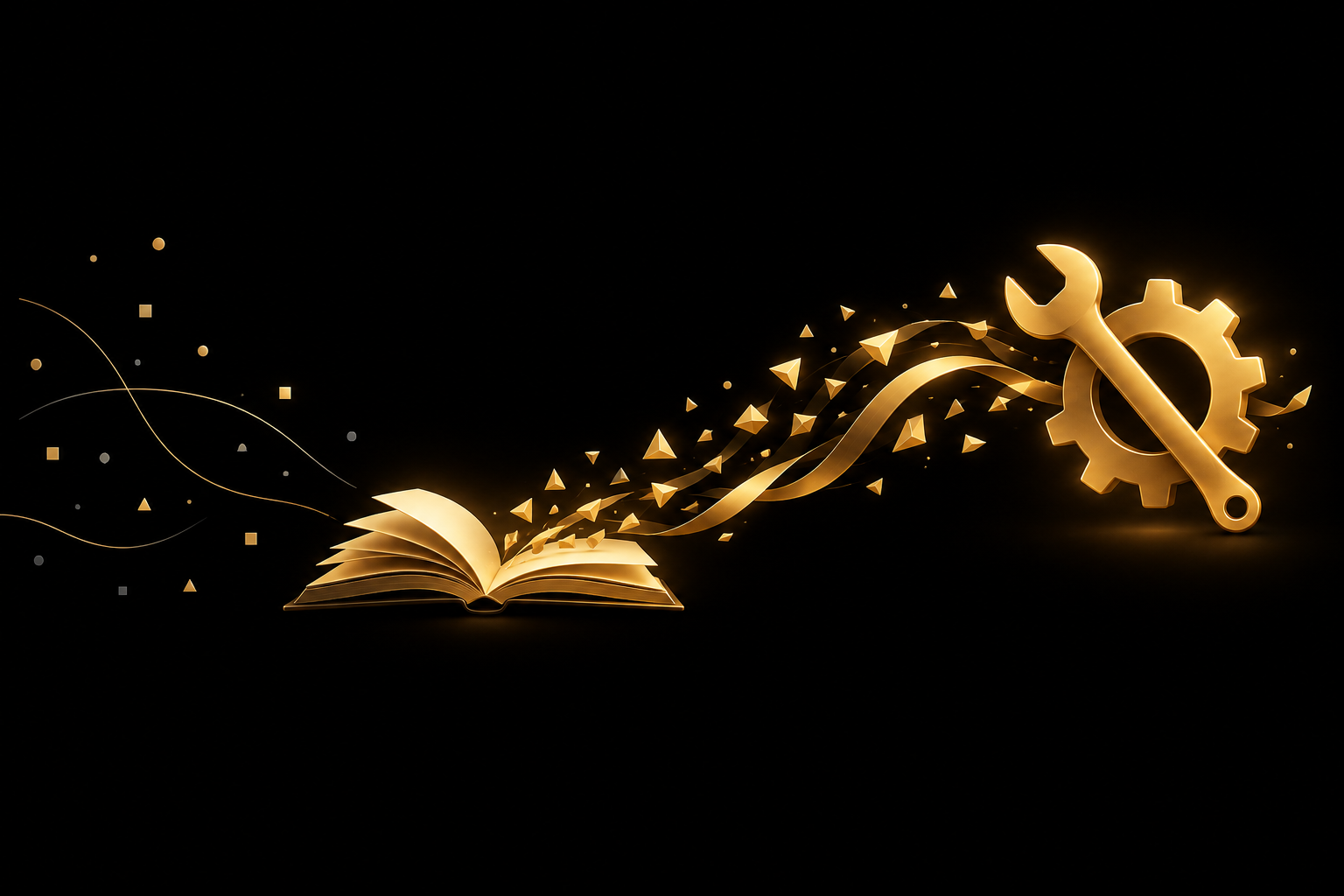 Abstrakte Illustration: ein aufgeschlagenes goldenes Buch auf schwarzem Grund, aus dessen Seiten goldene Splitter aufsteigen und sich rechts zu einem goldenen Schraubenschlüssel mit Zahnrad formen, Symbolbild für den Weg von Wissen zu Umsetzung