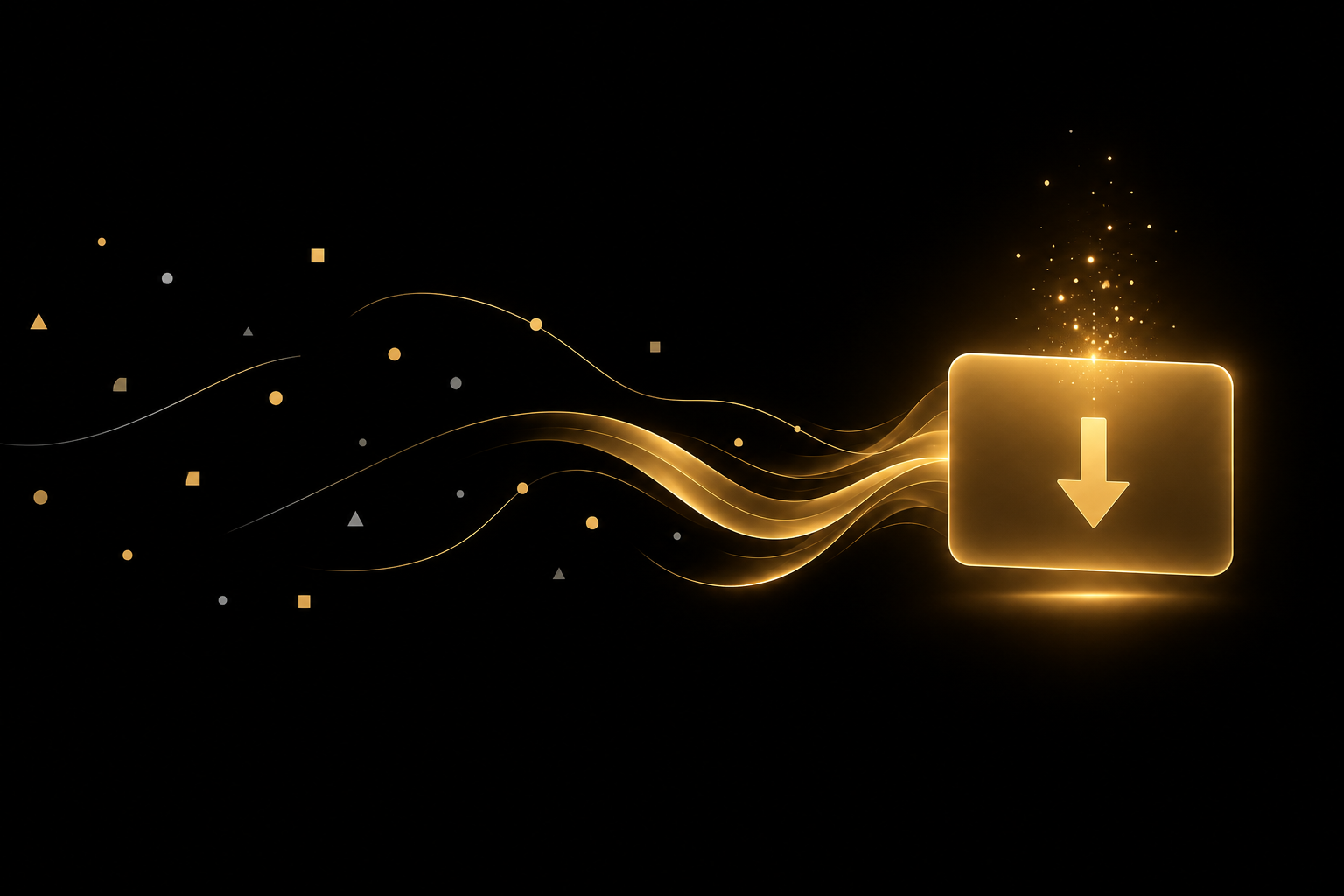 Abstrakte Illustration: verstreute Splitter auf schwarzem Grund fließen als goldene Bänder in einen leuchtenden goldenen Bildschirm mit Download-Pfeil, Symbolbild für digitale Produkte