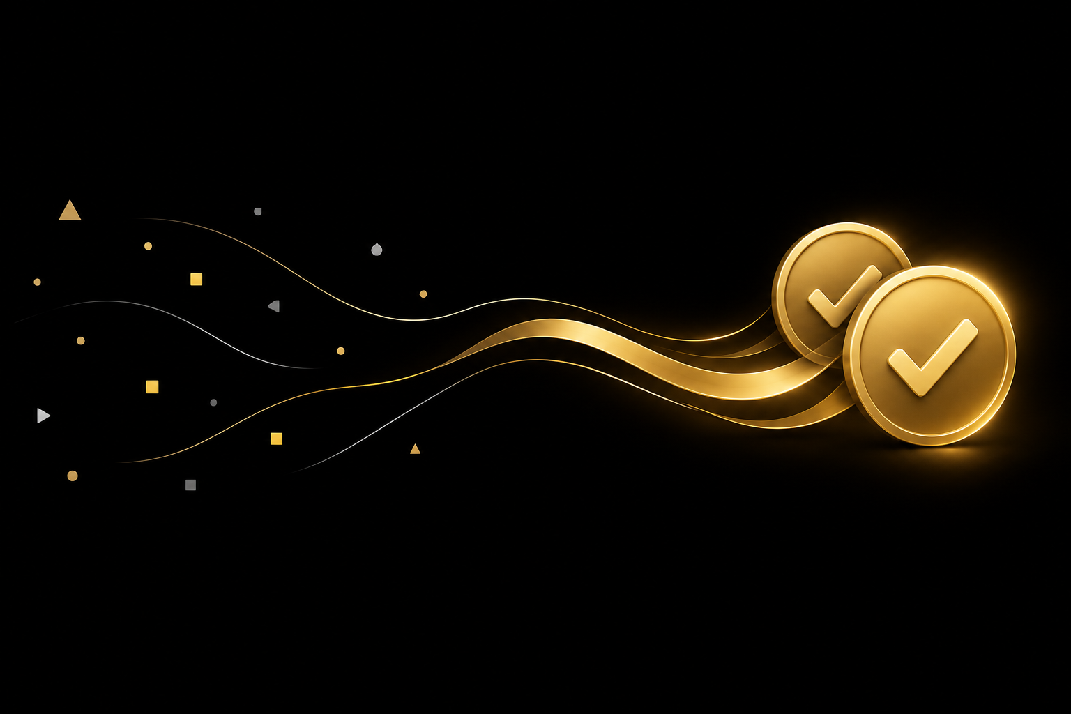 Abstrakte Illustration: zwei goldene runde Plaketten mit Haken stehen hintereinander auf schwarzem Grund, Symbolbild für die doppelte Bestätigung beim Double-Opt-in