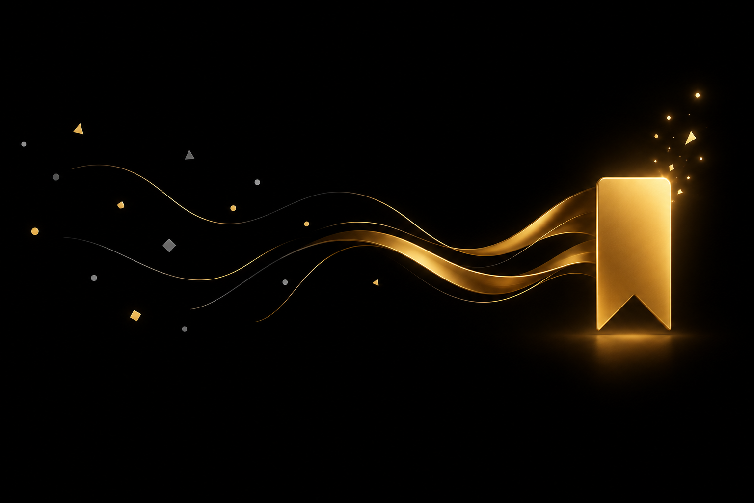 Abstrakte Illustration: verstreute Splitter auf schwarzem Grund fließen als goldene Bänder zu einem aufrecht stehenden goldenen Lesezeichen, über dem kleine Funken aufsteigen, Symbolbild für gespeicherte Beiträge und Interaktionen