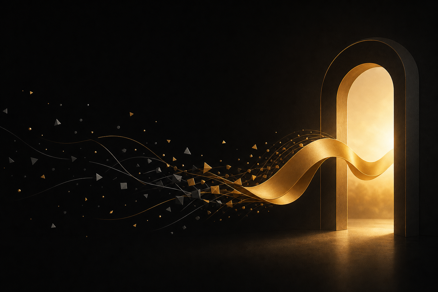 Abstrakte Illustration: verstreute graue Splitter auf schwarzem Grund fließen zu einem goldenen, offenen Torbogen, durch den warmes Licht fällt, Symbolbild für finanzielle Freiheit