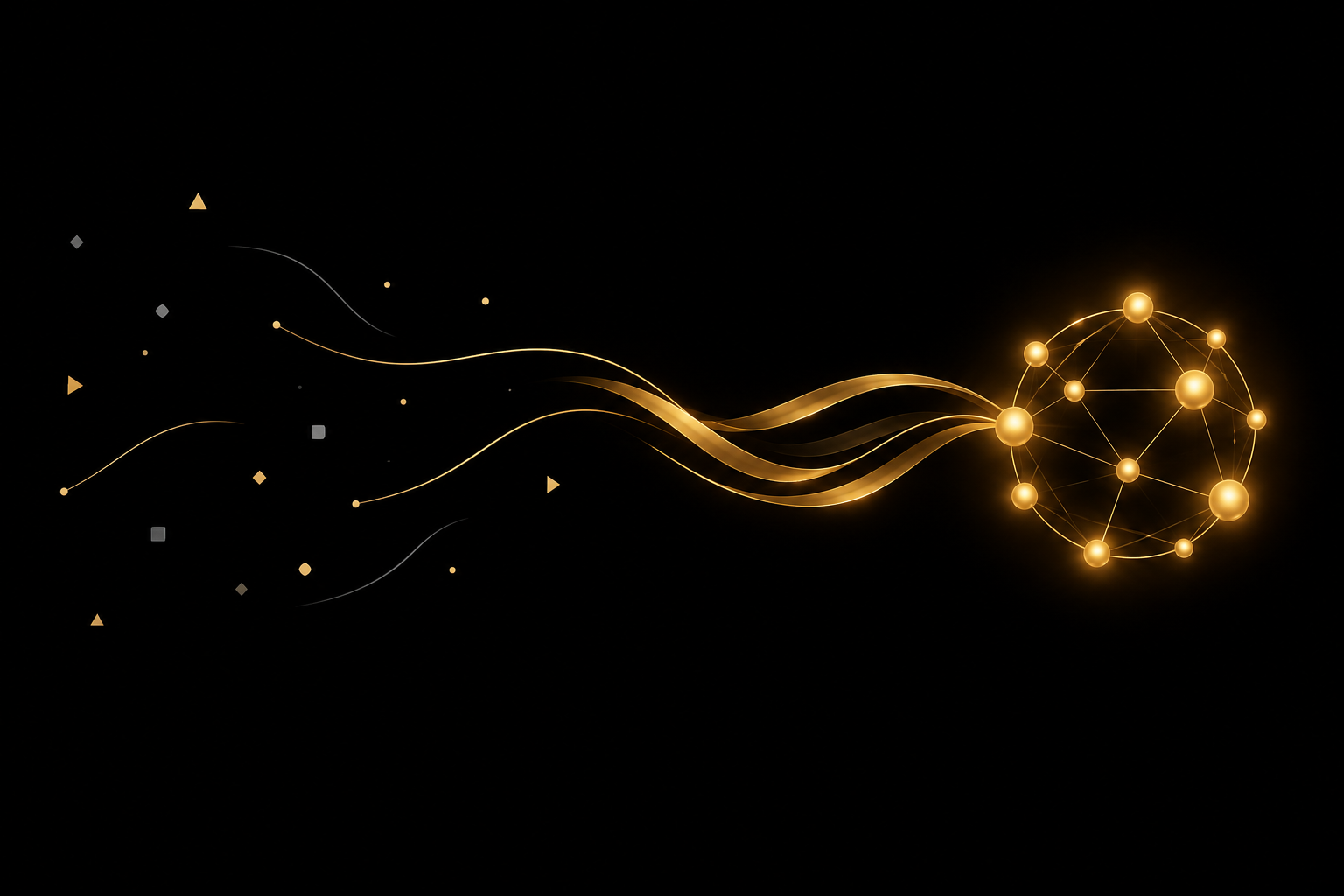 Abstrakte Illustration: verstreute Splitter auf schwarzem Grund fließen als goldene Bänder zu einem goldenen Kreis aus verbundenen Punkten, Symbolbild für Mitgliederbereich und Community