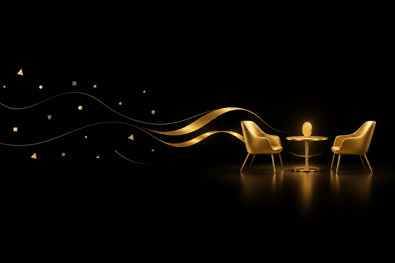 Abstrakte Illustration: verstreute Splitter auf schwarzem Grund fließen als goldene Bänder zu zwei goldenen Sesseln an einem kleinen Tisch mit einer aufrechten Münze, Symbolbild für das Gespräch über eine Gehaltserhöhung