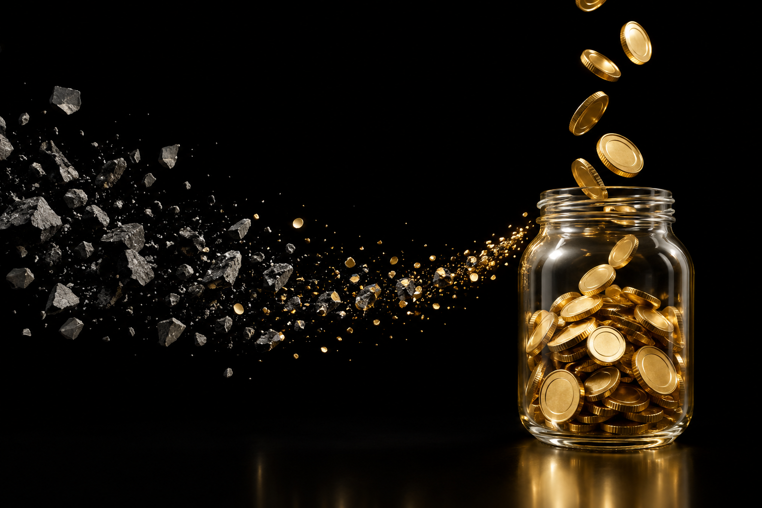 Abstrakte Illustration: ein Glas füllt sich auf schwarzem Grund langsam mit goldenen Münzen, Symbolbild für Geld sparen