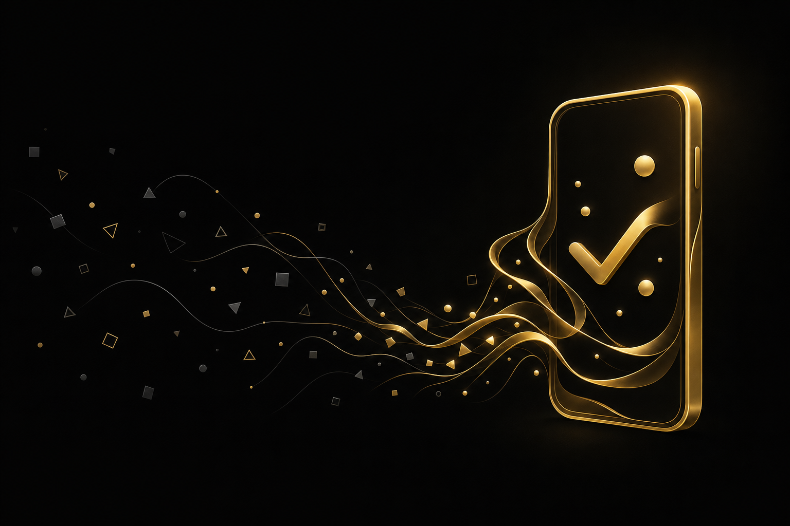 Abstrakte Illustration: verstreute graue Splitter auf schwarzem Grund fließen zu einem goldenen, hochkant stehenden Smartphone mit kleinen schwebenden Kreisen und einem Häkchen, Symbolbild für Geld verdienen am Handy