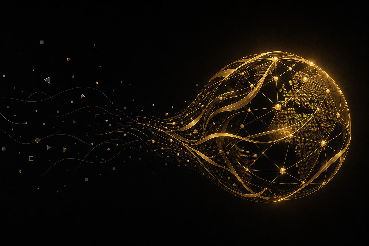 Abstrakte Illustration: verstreute graue Splitter auf schwarzem Grund fließen zu einem goldenen Globus aus verbundenen Linien und Punkten, Symbolbild für Geld verdienen im Internet