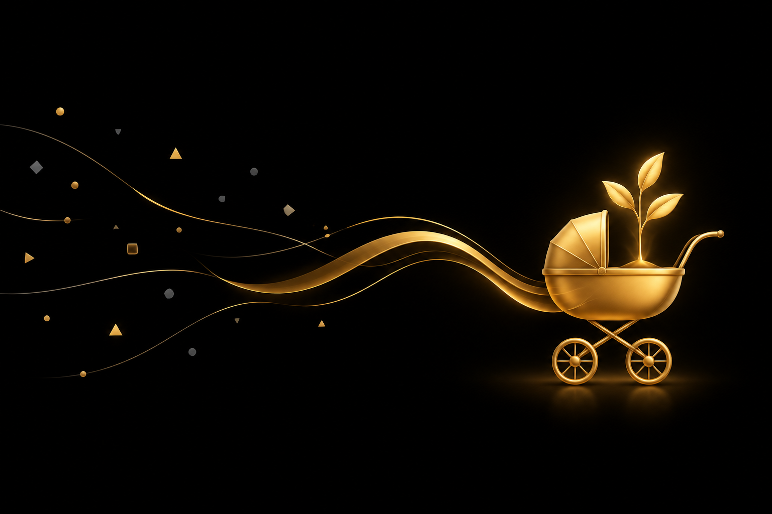 Abstrakte Illustration: verstreute Splitter auf schwarzem Grund fließen als goldene Bänder zu einem goldenen Kinderwagen, aus dem ein kleiner goldener Setzling wächst, Symbolbild für Zuverdienst in der Elternzeit