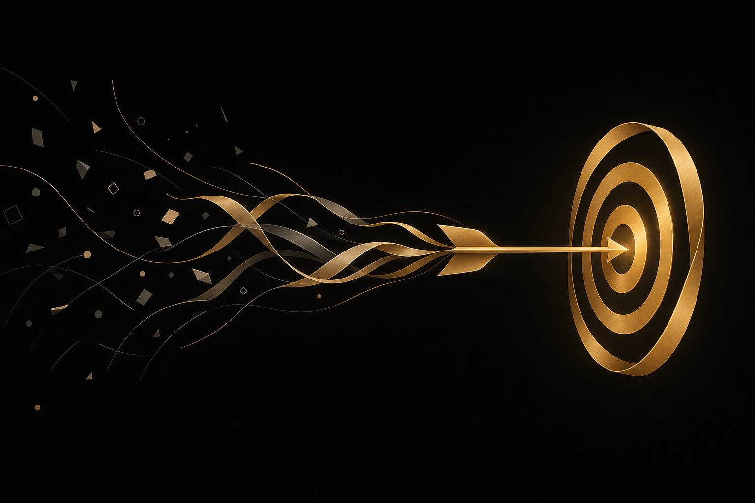 Abstrakte Illustration: verstreute graue Splitter lösen sich auf und formen einen goldenen Pfeil, der eine Zielscheibe trifft, Symbolbild für zielgerichtetes Arbeiten von zuhause aus
