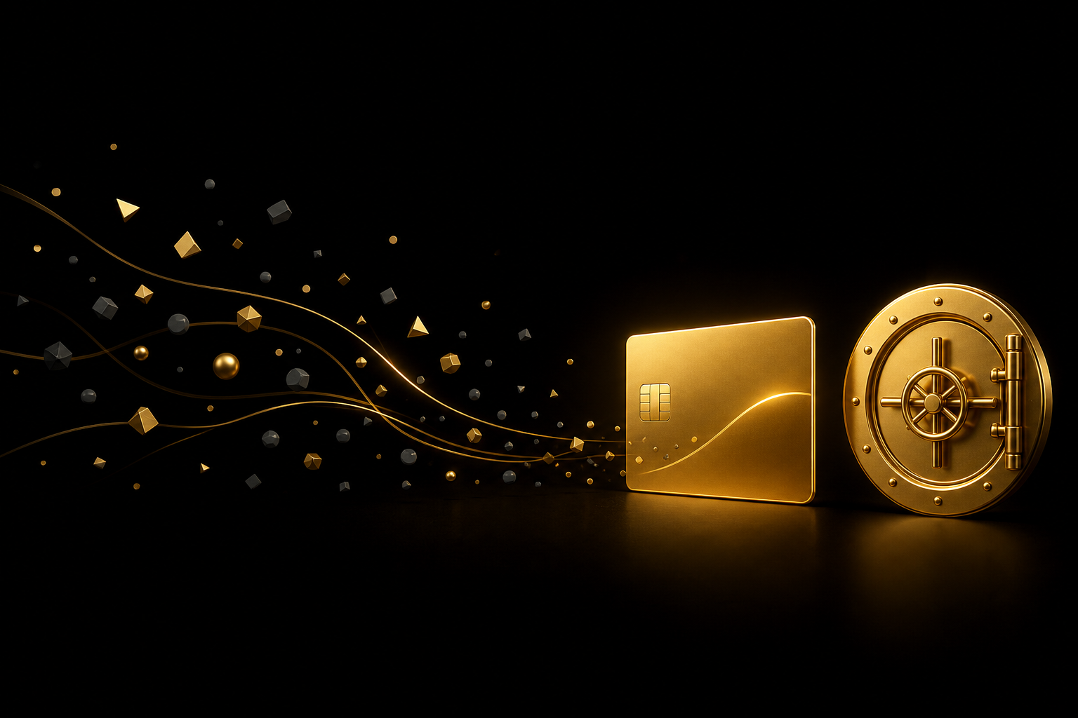 Abstrakte Illustration: goldene Karte und goldene Tresortür auf schwarzem Grund, in die goldene Splitter fließen, Symbolbild für ein getrenntes Geschäftskonto