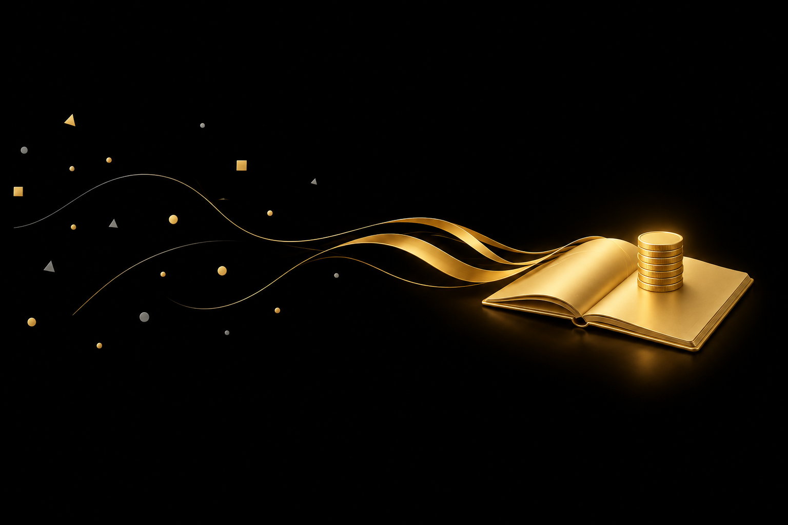 Abstrakte Illustration: verstreute Splitter auf schwarzem Grund fließen als goldene Bänder zu einem goldenen aufgeschlagenen Notizbuch mit einem Stapel Münzen, Symbolbild für ein Haushaltsbuch
