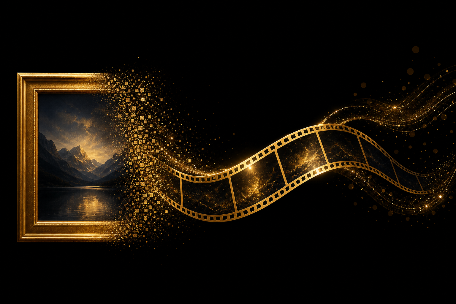 Abstrakte Illustration: ein goldener Bilderrahmen löst sich in Funken auf und wird zu einem geschwungenen goldenen Filmstreifen, Symbolbild für ein Bild, aus dem ein KI-Video wird