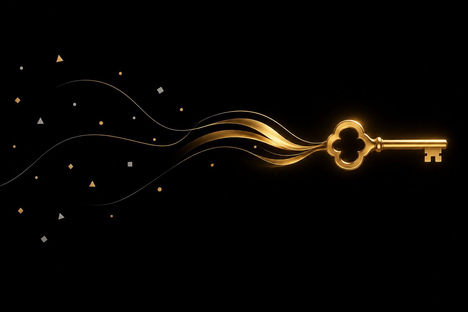 Abstrakte Illustration: verstreute Splitter auf schwarzem Grund fließen als goldene Bänder zu einem goldenen Schlüssel, Symbolbild für High Ticket Affiliate Marketing