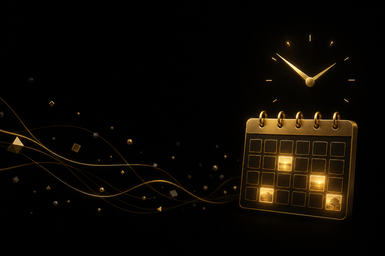 Abstrakte Illustration: goldener Kalender auf schwarzem Grund mit leuchtenden Feldern, darüber goldene Uhrzeiger, Symbolbild für geplante Beiträge
