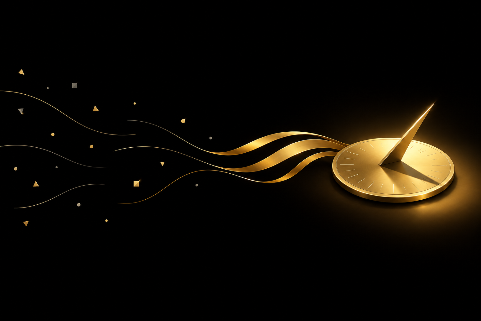 Abstrakte Illustration: verstreute Splitter auf schwarzem Grund fließen als goldene Bänder zu einer goldenen Sonnenuhr mit klarem Schattenstrich, Symbolbild für gefundene freie Zeit
