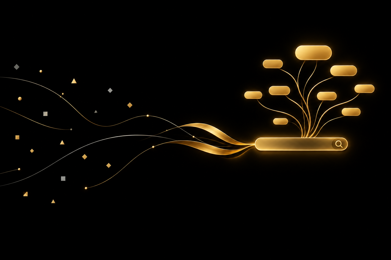 Abstrakte Illustration: aus einem goldenen Suchfeld auf schwarzem Grund wachsen goldene Wortmarken wie Äste, Symbolbild für die Suche nach passenden Keywords