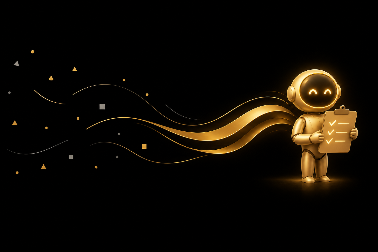 Abstrakte Illustration: verstreute Splitter auf schwarzem Grund fließen als goldene Bänder zu einem kleinen goldenen Roboter mit leuchtendem runden Kopf, der ein goldenes Klemmbrett mit drei Häkchen hält, Symbolbild für einen KI-Agenten als digitalen Mitarbeiter