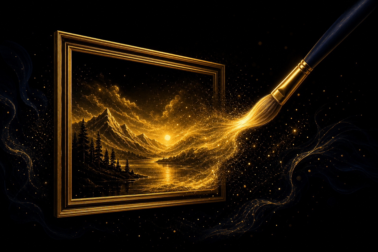 Abstrakte Illustration: ein goldener Pinsel malt mit leuchtenden Funken eine Berglandschaft in einen goldenen Rahmen, Symbolbild für KI-Bilder