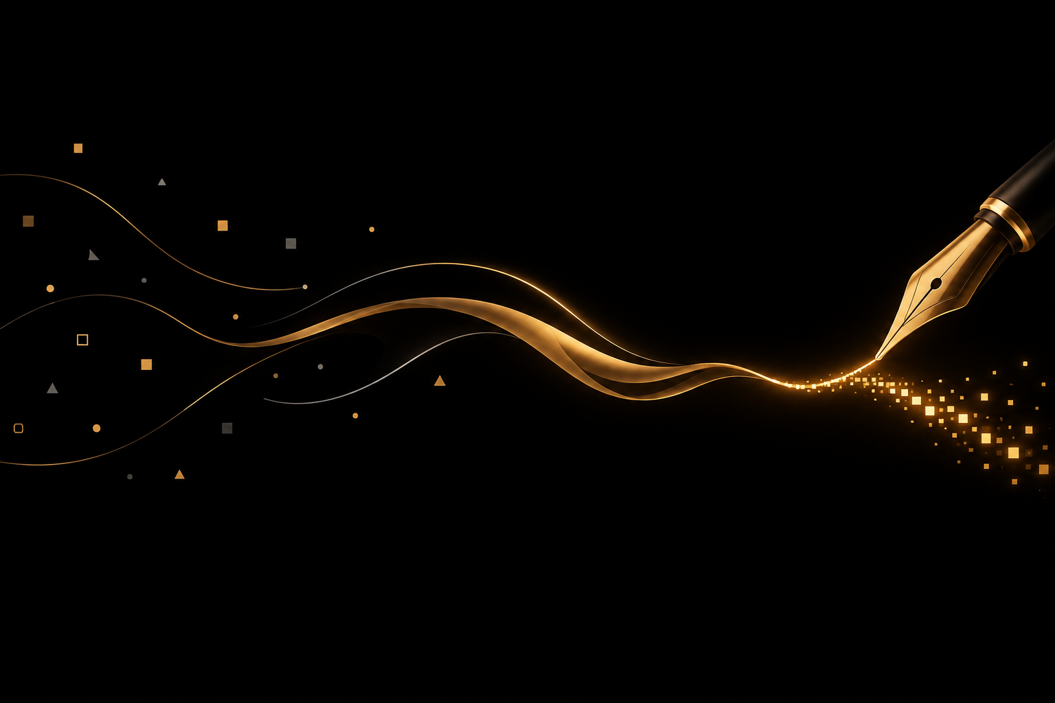 Abstrakte Illustration: verstreute Splitter auf schwarzem Grund fließen als goldenes Band zu einer goldenen Füllfederspitze, deren Linie in leuchtende Pixel übergeht, Symbolbild für KI-Texte