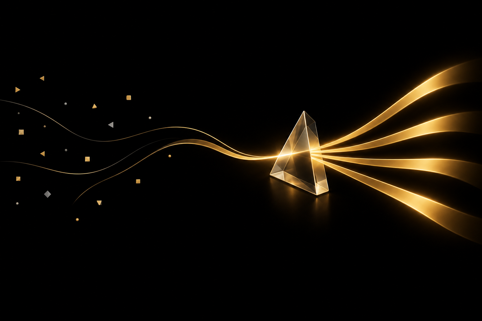 Abstrakte Illustration: ein gläsernes Prisma auf schwarzem Grund fächert einen goldenen Lichtstrahl in mehrere goldene Bänder auf, Symbolbild für KI-Tools, die sich nach Aufgaben auffächern