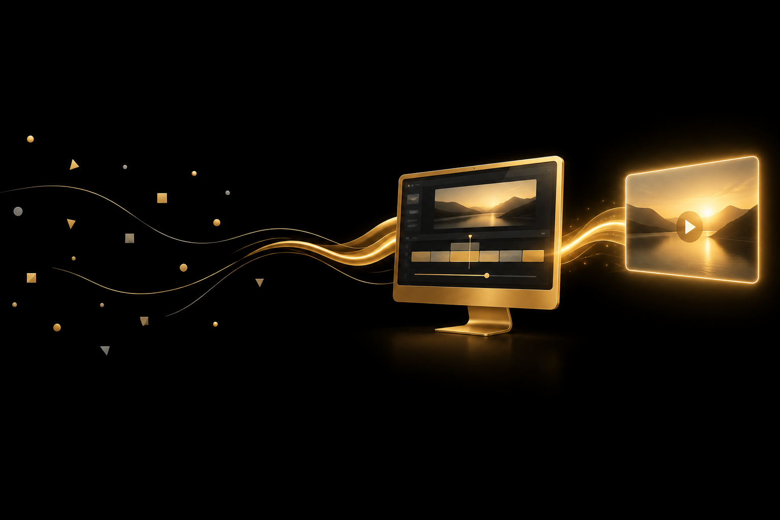 Abstrakte Illustration: ein goldener Monitor mit Zeitleiste und Schieberegler, aus dem eine goldene Lichtspur in ein leuchtendes Video-Fenster fließt, Symbolbild für einen KI Video Generator