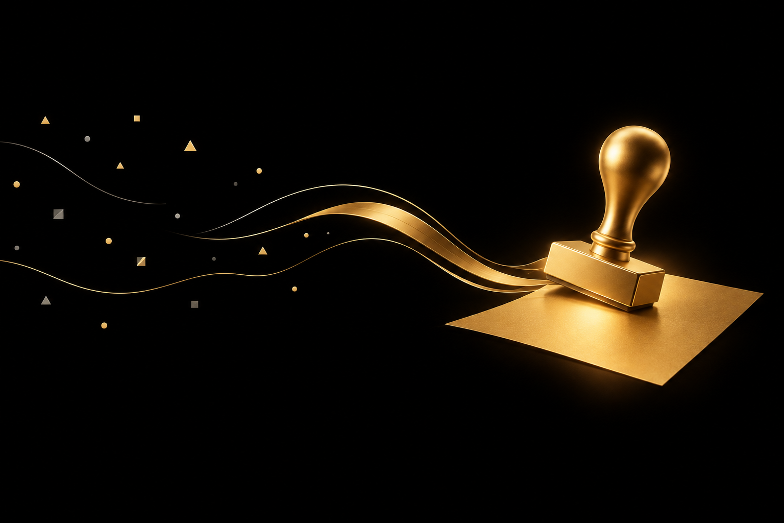 Abstrakte Illustration: verstreute Splitter auf schwarzem Grund fließen als goldene Bänder zu einem goldenen Stempel auf einem goldenen Blatt Papier, Symbolbild für die Gewerbeanmeldung