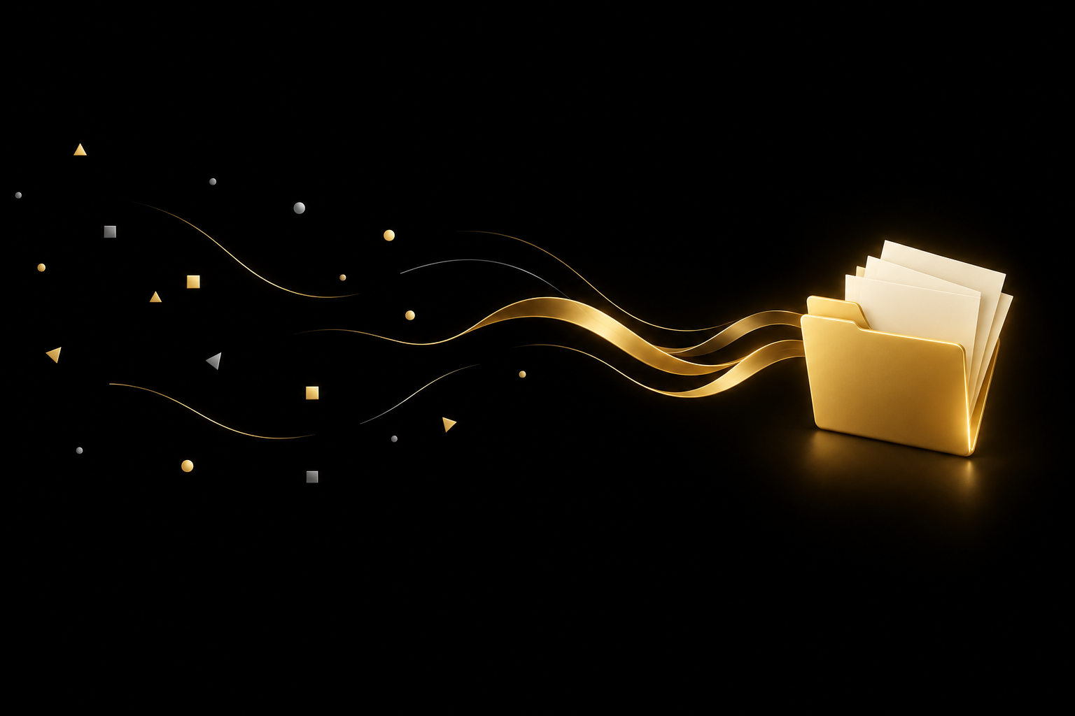 Abstrakte Illustration: verstreute Splitter auf schwarzem Grund fließen als goldene Bänder zu einem goldenen Aktenordner, Symbolbild für Kleingewerbe und Steuern