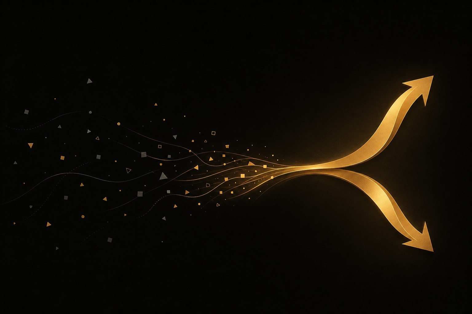Abstrakte Illustration: verstreute graue Splitter auf schwarzem Grund fließen zu einem goldenen Weg, der sich in zwei geschwungene Pfeile teilt, Symbolbild für den Vergleich zweier Alternativen