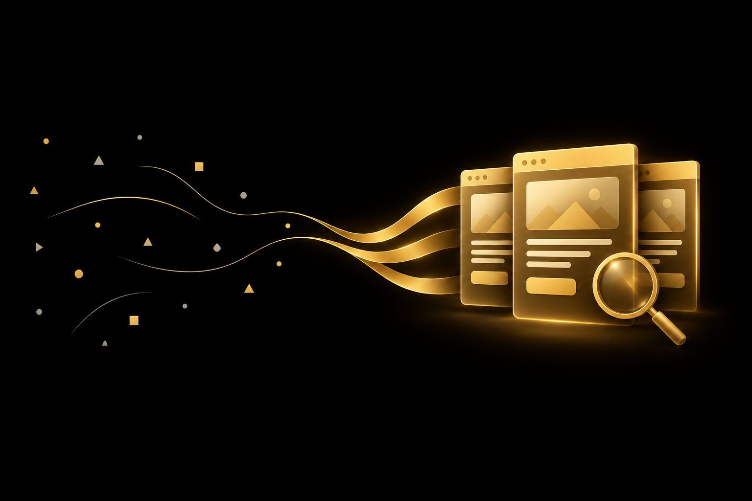 Abstrakte Illustration: verstreute Splitter auf schwarzem Grund fließen als goldene Bänder zu drei goldenen Seiten-Karten im Fächer, davor eine kleine goldene Lupe, Symbolbild für Landingpage-Beispiele