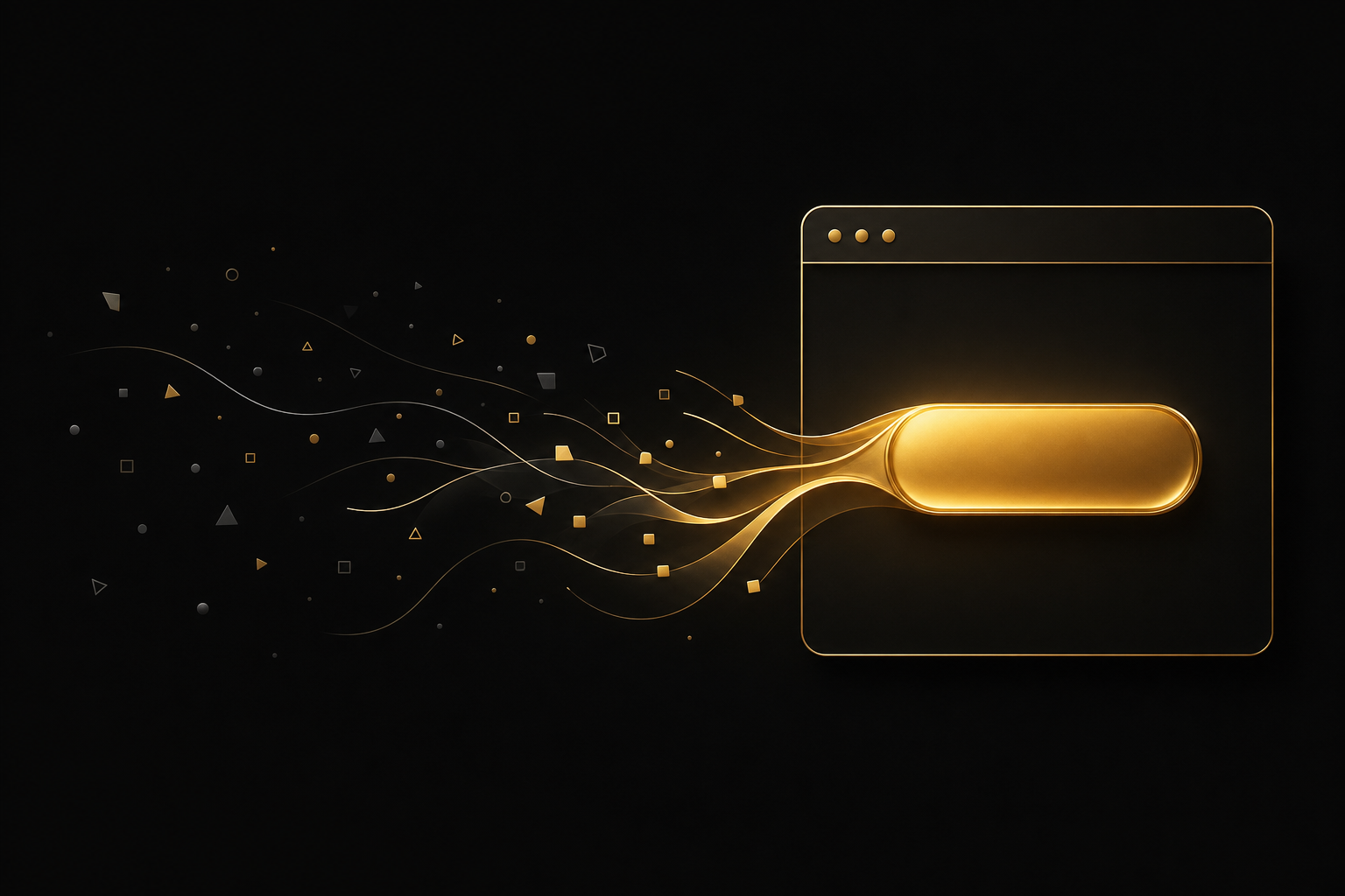 Abstrakte Illustration: verstreute graue Splitter auf schwarzem Grund fließen zu einem goldenen Browserfenster mit einem großen runden Button, Symbolbild für eine Landingpage