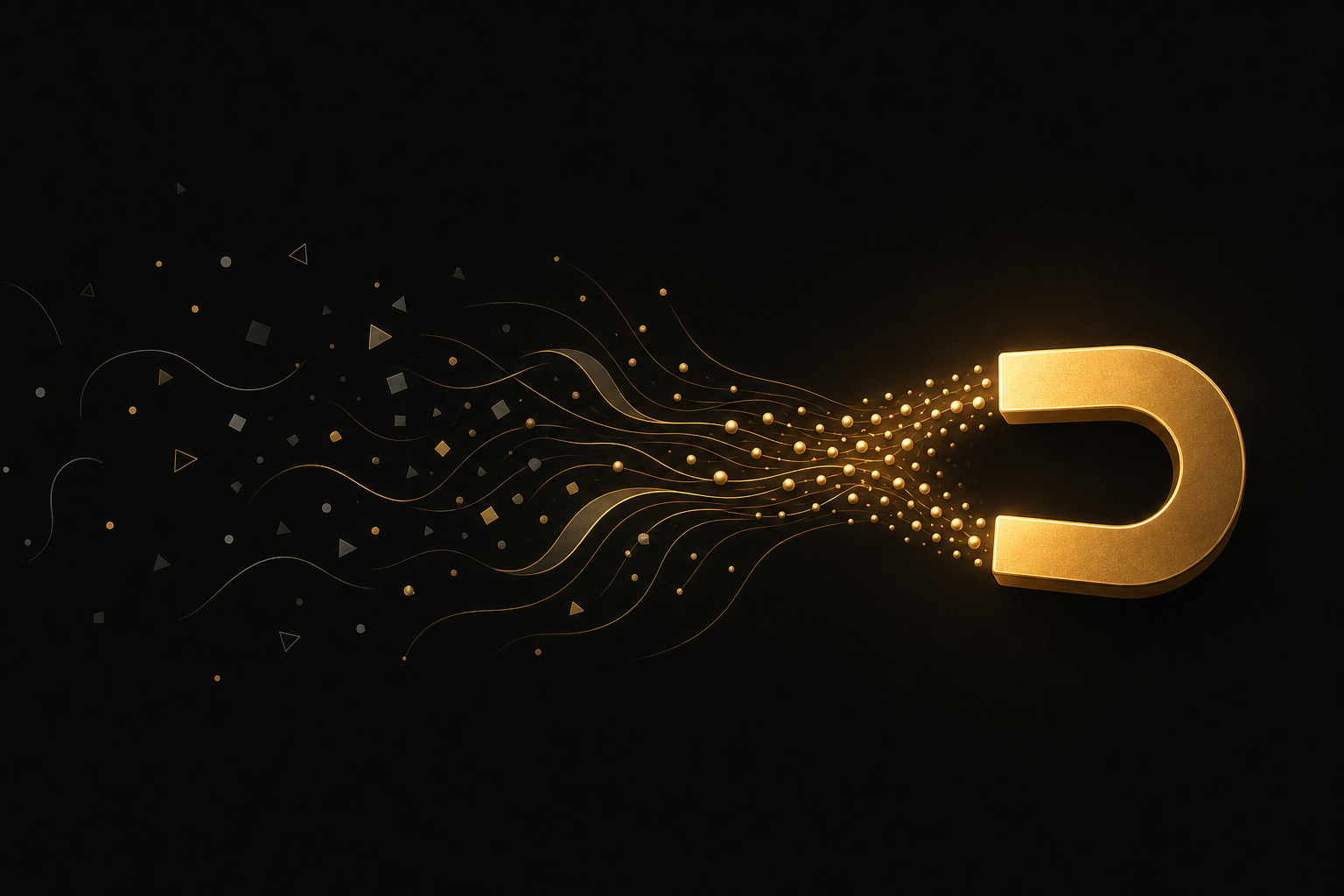 Abstrakte Illustration: verstreute graue Splitter auf schwarzem Grund werden von einem goldenen Hufeisenmagneten angezogen und reihen sich als goldene Punkte auf, Symbolbild für einen Lead Magnet