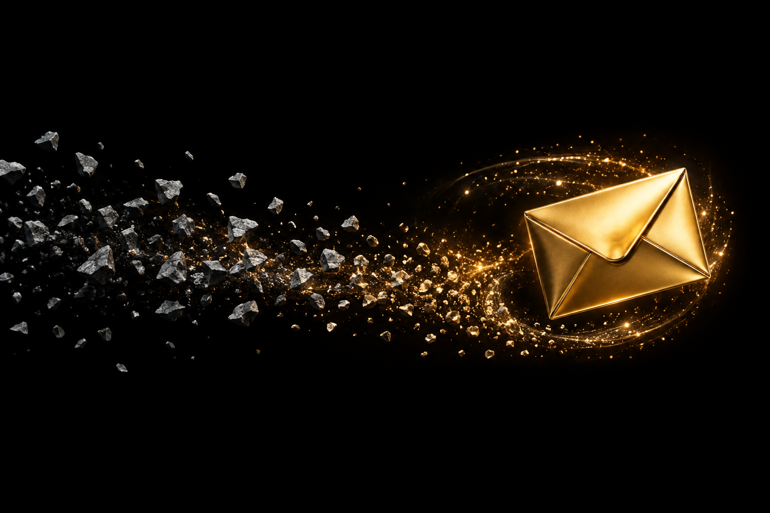 Abstrakte Illustration: ein goldener Briefumschlag auf schwarzem Grund zieht goldene Partikel an wie ein Magnet, Symbolbild für Lead-Provisionen