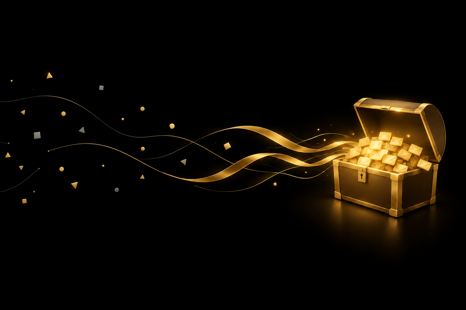 Abstrakte Illustration: verstreute Splitter auf schwarzem Grund fließen als goldene Bänder zu einer geöffneten goldenen Schatztruhe voller kleiner goldener Briefumschläge, Symbolbild für den Wert einer E-Mail-Liste