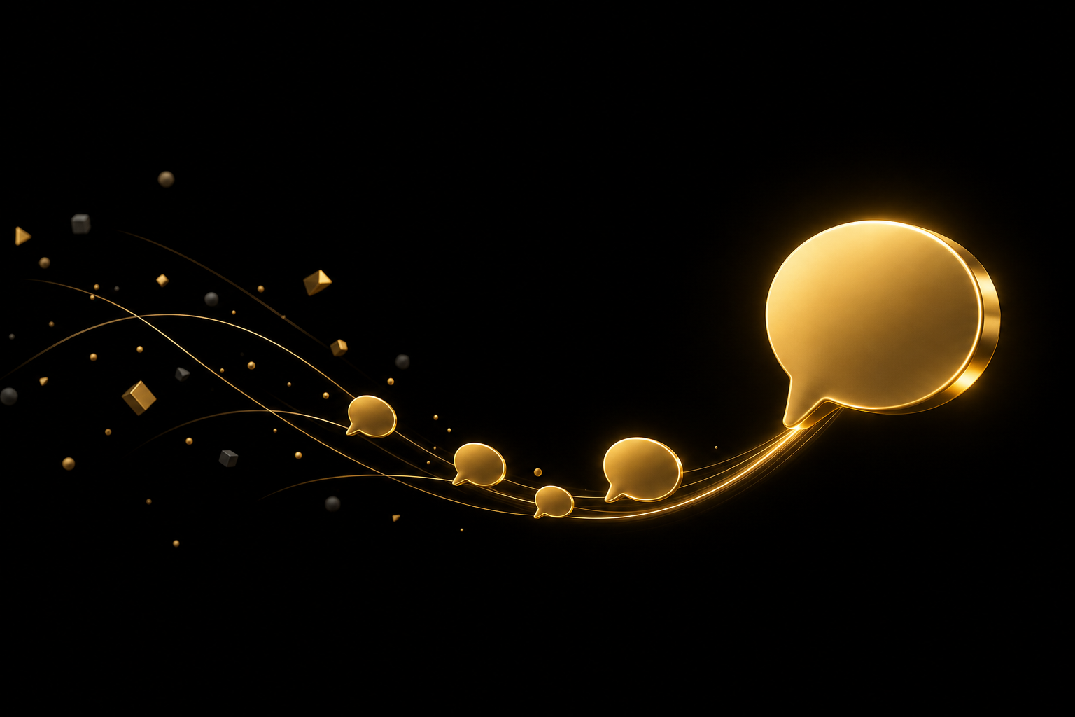 Abstrakte Illustration: goldene Sprechblase auf schwarzem Grund, aus der eine Kette kleinerer Sprechblasen entlang einer Kurve hervorgeht, Symbolbild für automatische Nachrichten