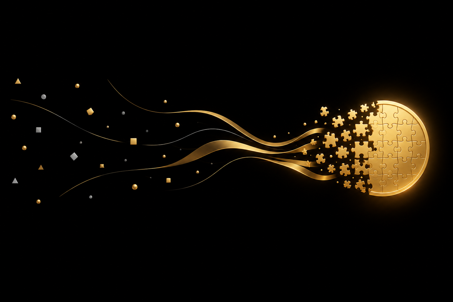 Abstrakte Illustration: viele kleine goldene Puzzleteile auf schwarzem Grund setzen sich zu einer goldenen Münze zusammen, Symbolbild für Mikrojobs