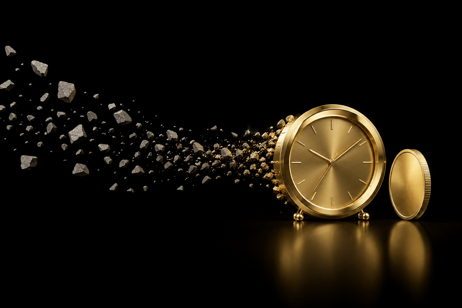 Abstrakte Illustration: eine goldene Tischuhr steht auf schwarzem Grund neben einer aufrechten goldenen Münze, Symbolbild für einen Minijob neben dem Hauptjob