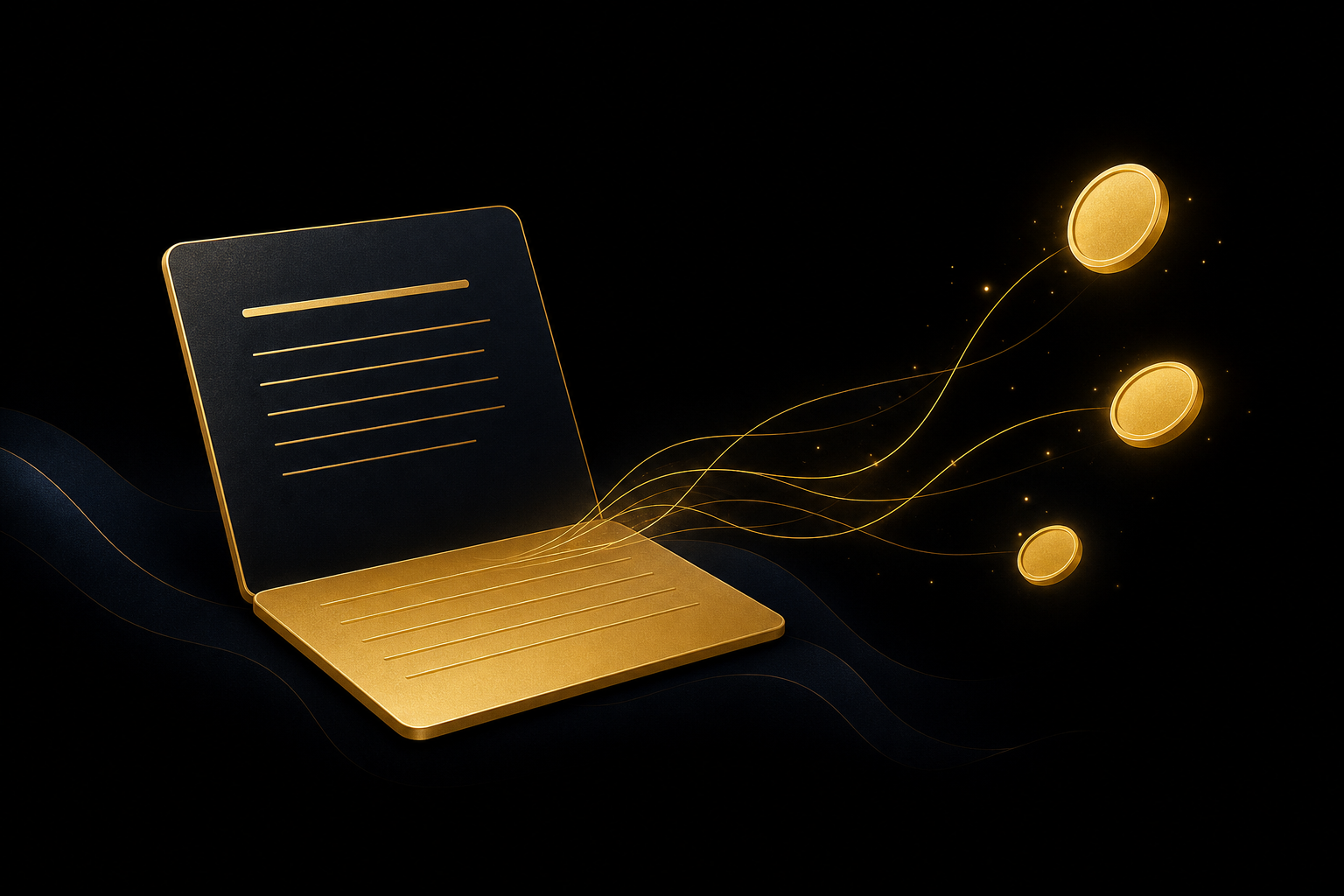 Abstrakte Illustration: ein goldener Laptop mit Textzeilen auf schwarzem Grund, von dem feine goldene Fäden zu drei schwebenden Münzen führen, Symbolbild für Einnahmen mit einem Blog