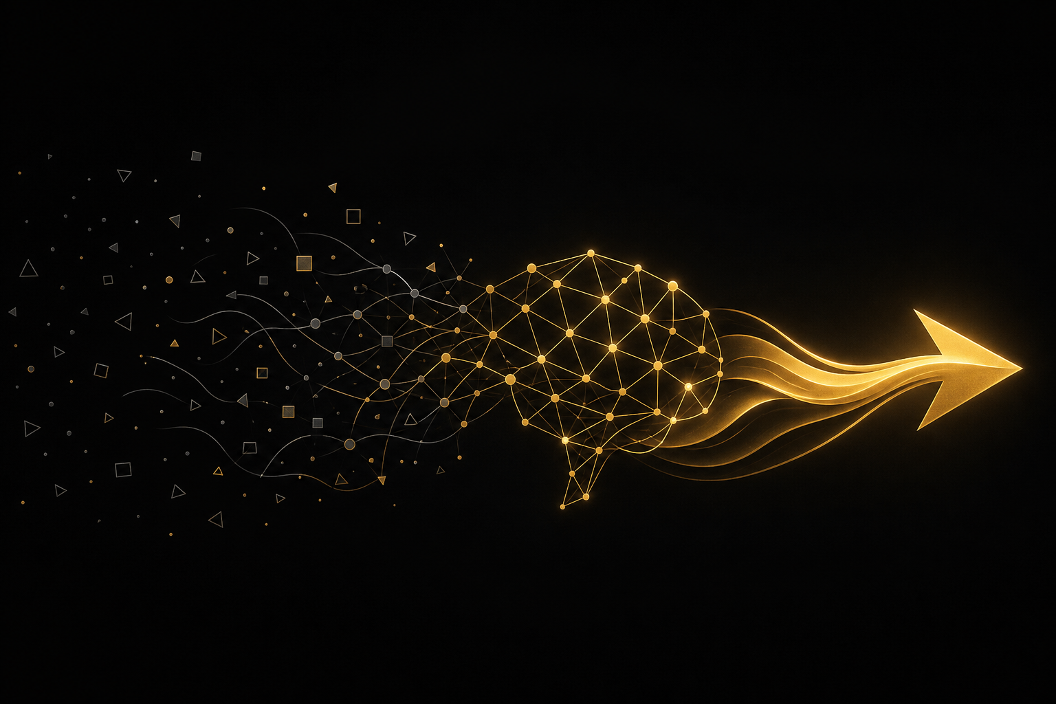 Abstrakte Illustration: verstreute graue Splitter auf schwarzem Grund fließen zu einem goldenen Netz aus verbundenen Punkten zusammen, das in einen Richtungspfeil übergeht, Symbolbild für künstliche Intelligenz als Werkzeug