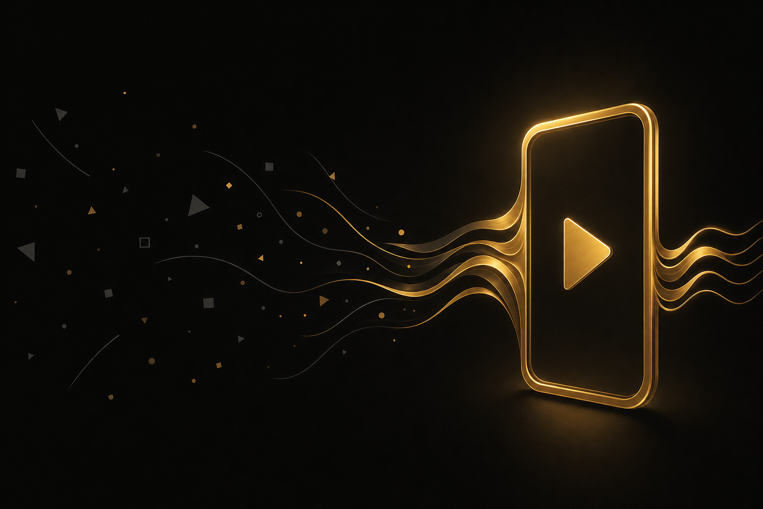 Abstrakte Illustration: verstreute graue Splitter auf schwarzem Grund fließen in einen goldenen, hochkant stehenden Bildschirmrahmen mit Abspielzeichen, Symbolbild für Geld verdienen mit Kurzvideos
