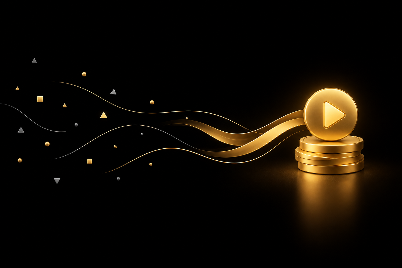 Abstrakte Illustration: verstreute Splitter auf schwarzem Grund fließen als goldene Bänder zu einem goldenen Play-Button auf einem kleinen Münzstapel, Symbolbild für Geld verdienen mit YouTube