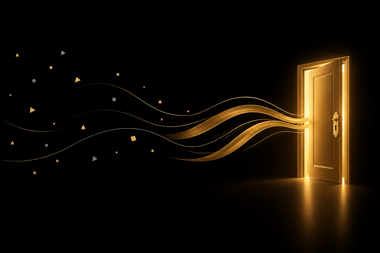 Abstrakte Illustration: verstreute Splitter auf schwarzem Grund fließen als goldene Bänder zu einer goldenen Tür mit Schloss, Symbolbild für einen Mitgliederbereich