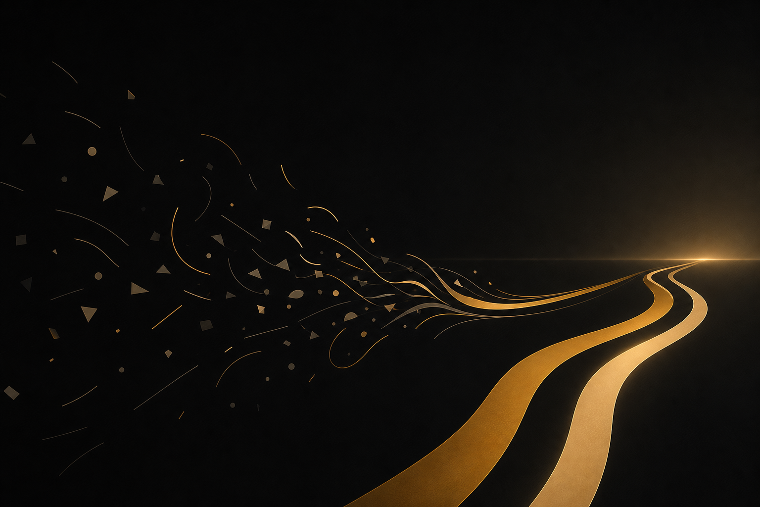 Abstrakte Illustration: verstreute graue Splitter lösen sich auf und formen zwei parallel verlaufende goldene Wege zum selben Horizont, Symbolbild für den Vergleich nebenberuflicher Wege