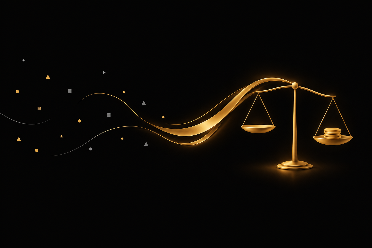 Abstrakte Illustration: verstreute Splitter auf schwarzem Grund fließen als goldene Bänder zu einer goldenen Waage mit Münzen in einer Schale, Symbolbild für die Rechnung beim Nebenjob