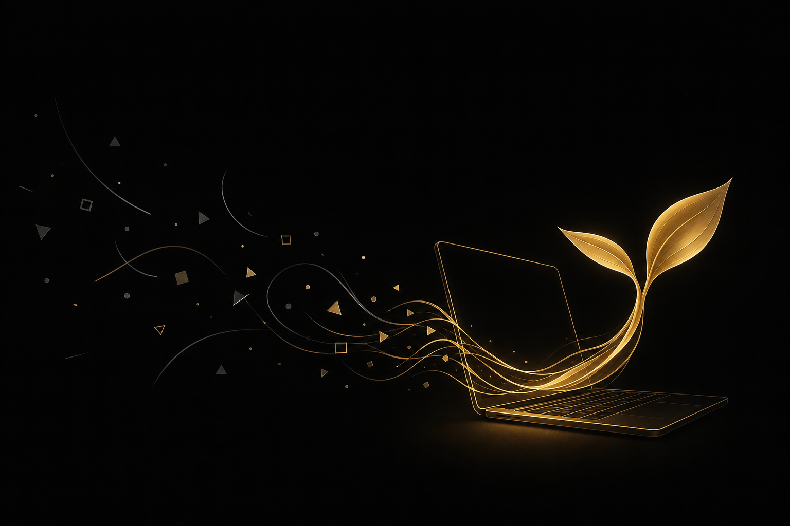 Abstrakte Illustration: verstreute graue Splitter auf schwarzem Grund fließen zu einem goldenen Laptop, aus dessen Bildschirm ein kleiner Spross mit zwei Blättern wächst, Symbolbild für einen Nebenverdienst online