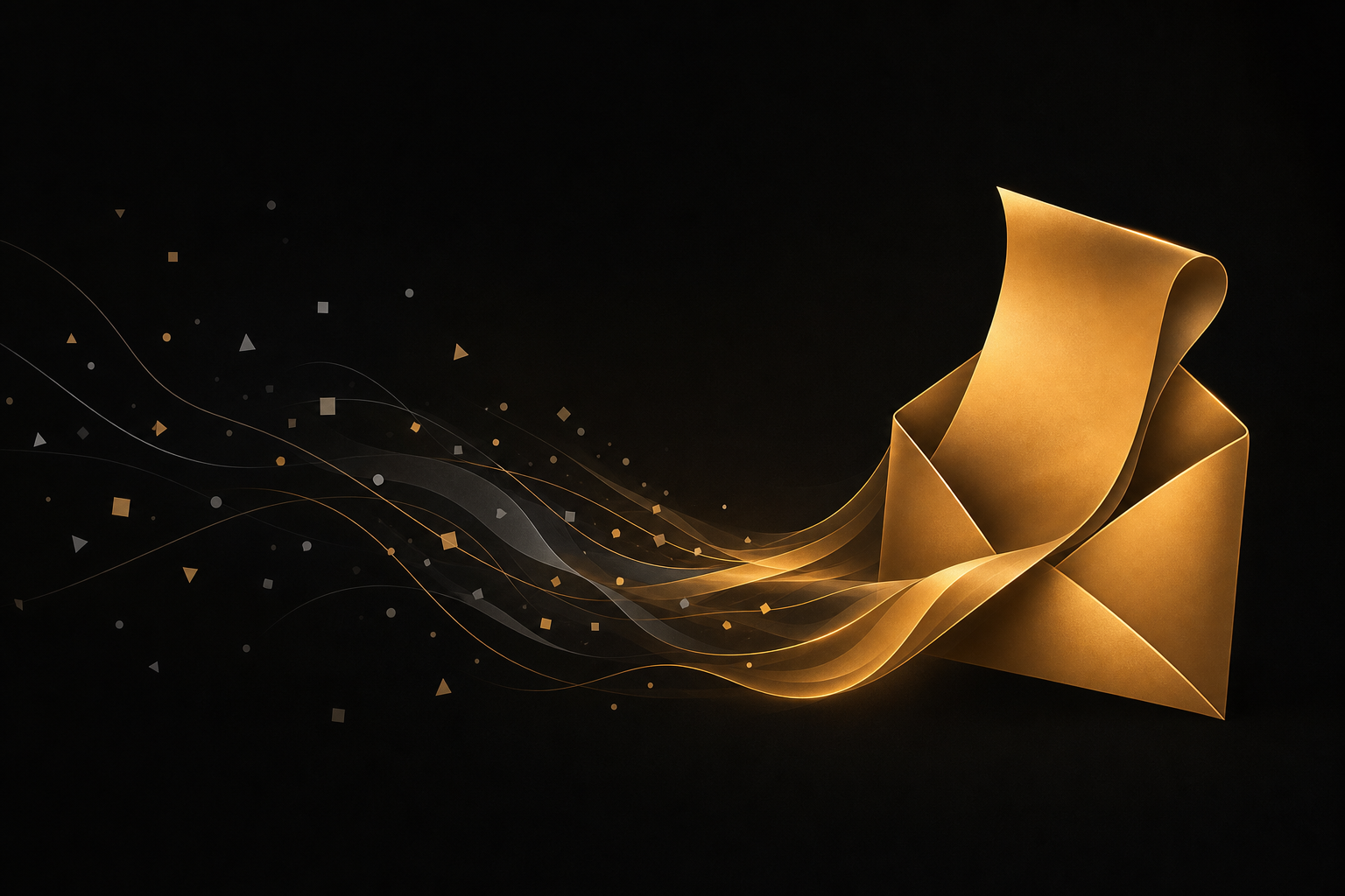 Abstrakte Illustration: verstreute graue Splitter auf schwarzem Grund fließen zu einem goldenen, geöffneten Briefumschlag mit herausragendem Briefbogen, Symbolbild für einen Newsletter